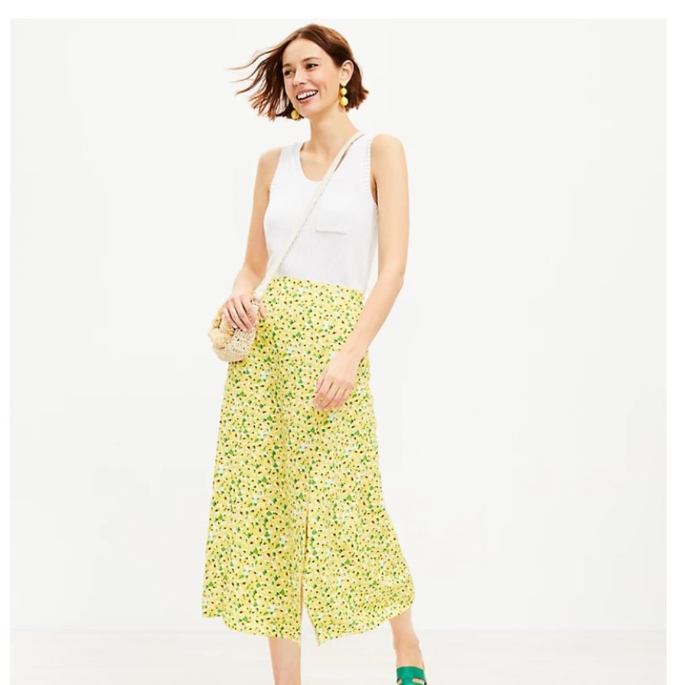 NWT LOFT Floral Side Slit Midi Skirt in Yellow Floral